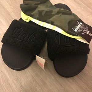 Pink slides and socks